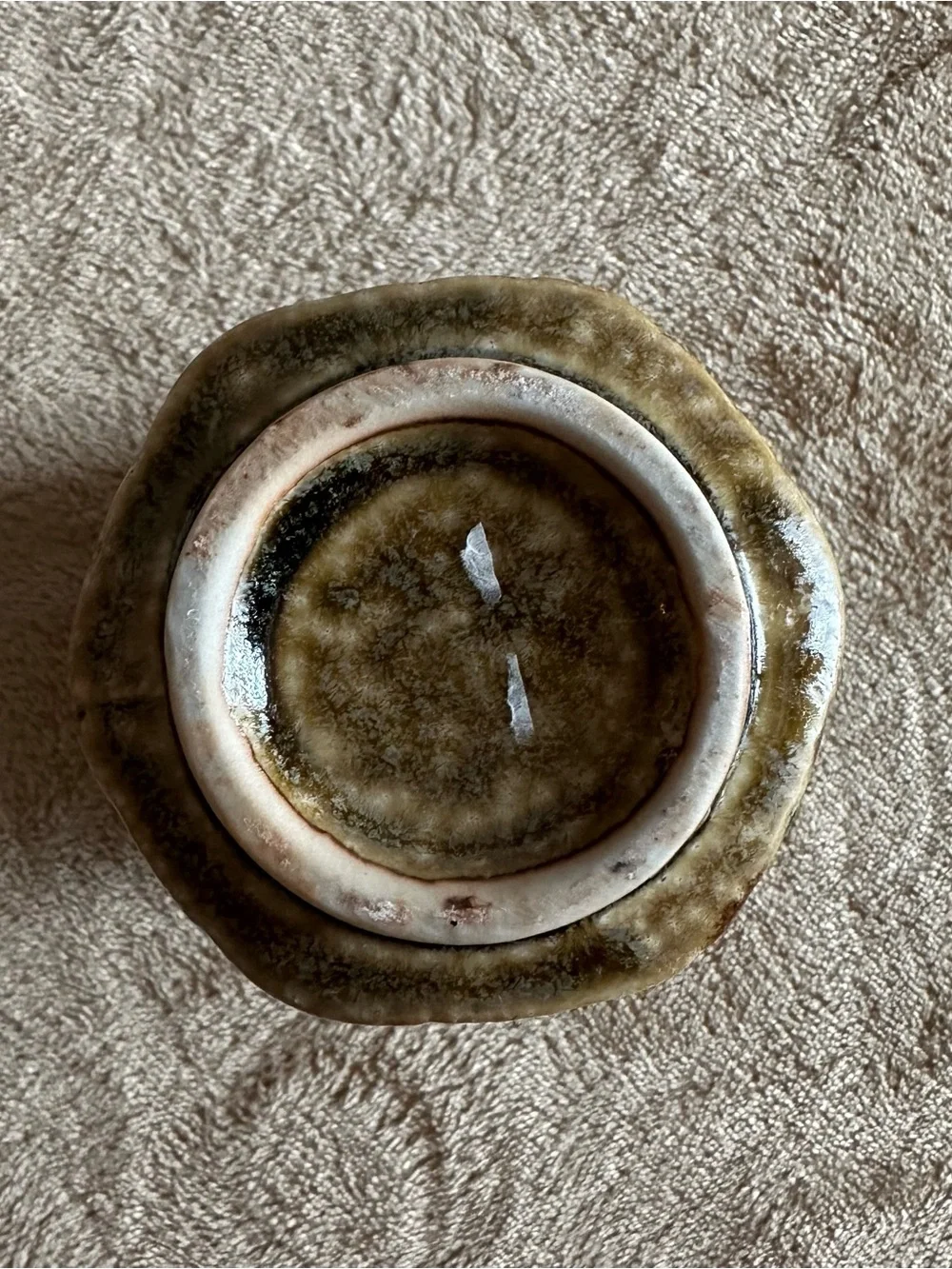Studio Pottery Ceramic Cup Wood Grain Brown Green Glaze Cabin Mountains